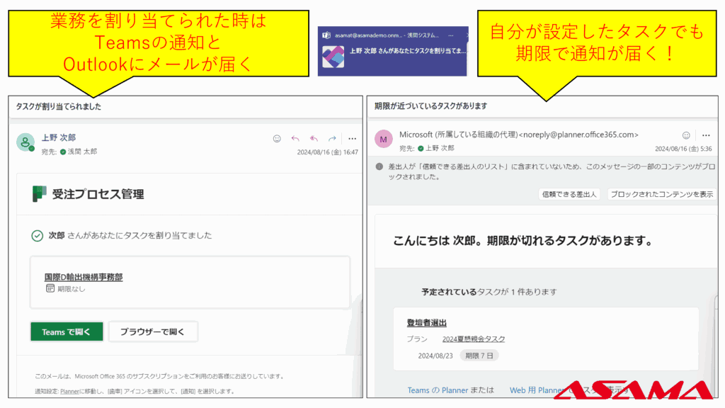 業務を割り当てられた時は​Teamsの通知とOutlookにメールが届く、自分が設定したタスクでも期限で通知が届く！​