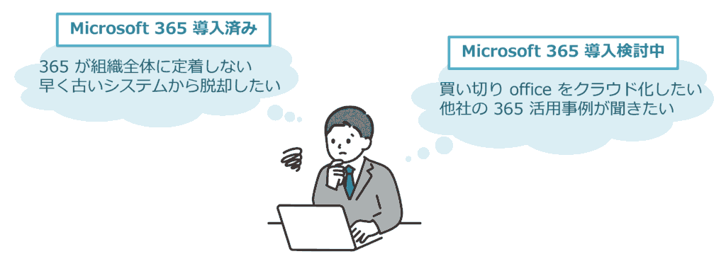 Microsoft 365 導入済み：「365 が組織全体に定着しない」「早く古いシステムから脱却したい」Microsoft 365 導入検討中：「買い切り office をクラウド化したい」「他社の 365 活用事例が聞きたい」